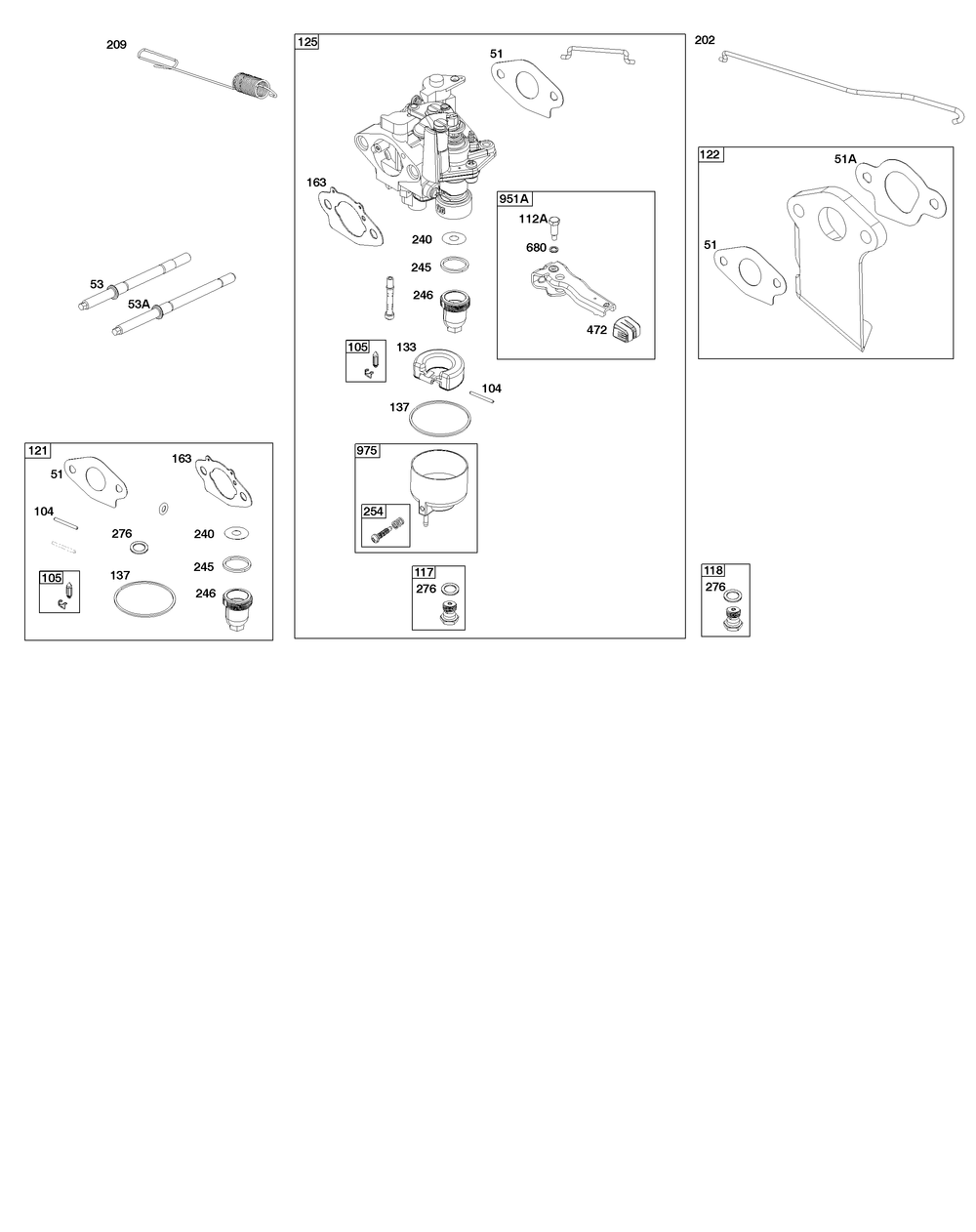 Carburetor Group Diagram and Parts List for 12V332-0129-01 100000 - 19Z999 Briggs and Stratton Engine